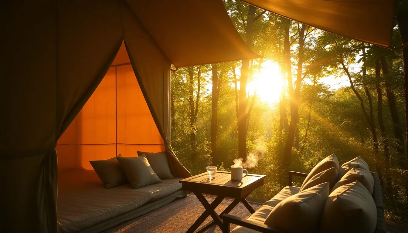 숲속 럭셔리 글램핑 텐트와 주변 자연 풍경