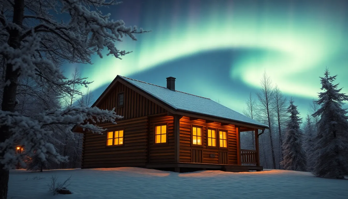 밤하늘에 펼쳐진 아름다운 오로라와 설원 위 숙소 전경