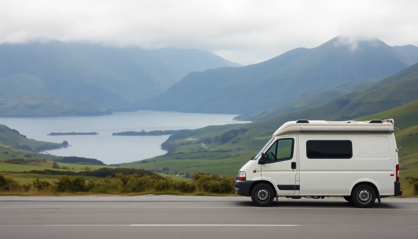 뉴질랜드 캠핑카가 해안 도로를 달리는 모습
