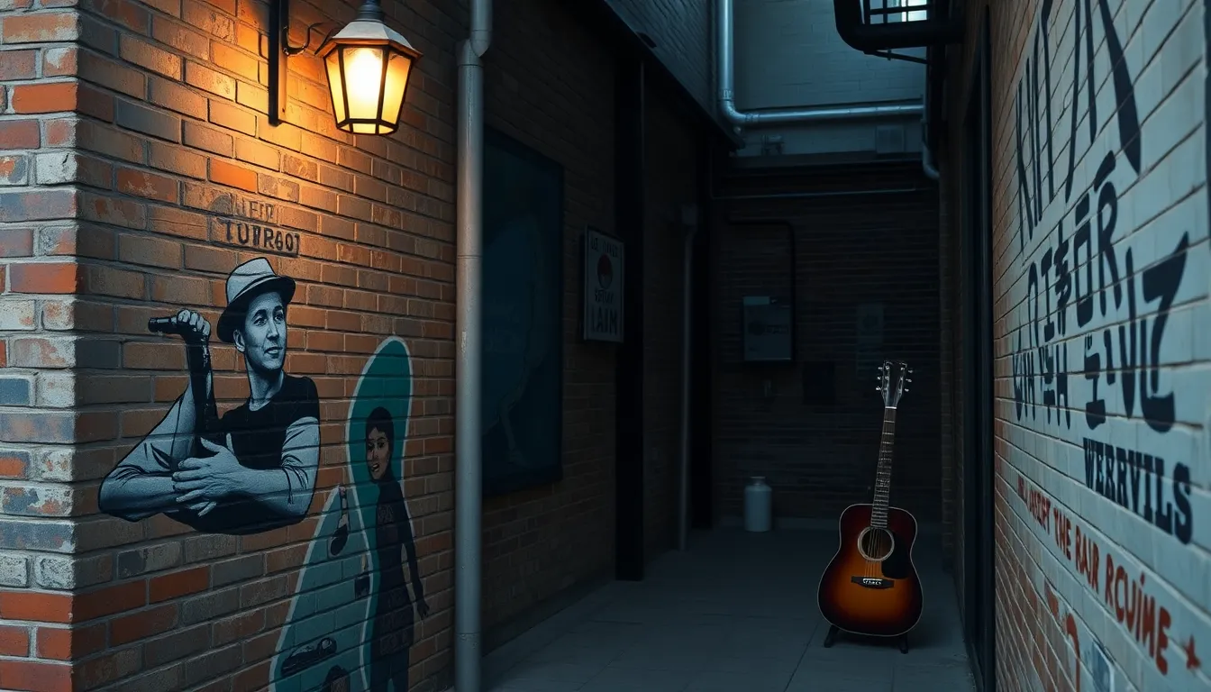 대구 김광석 거리에 있는 김광석 다시 그리기 길 벽화 앞에서 감성 사진을 찍는 모습