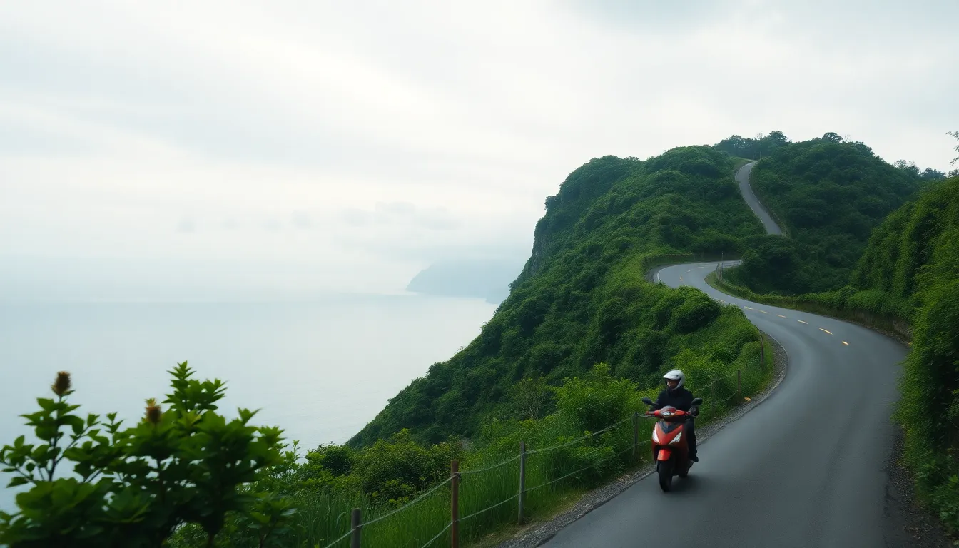 울릉도 해안 도로를 달리는 버스와 푸른 바다