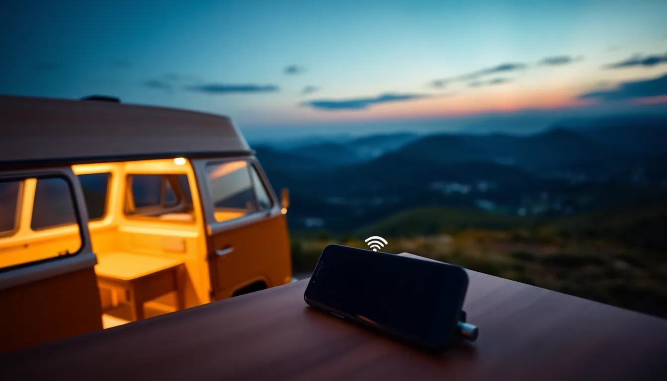 캠핑카 안에서 eSIM으로 인터넷을 사용하는 사람의 모습
